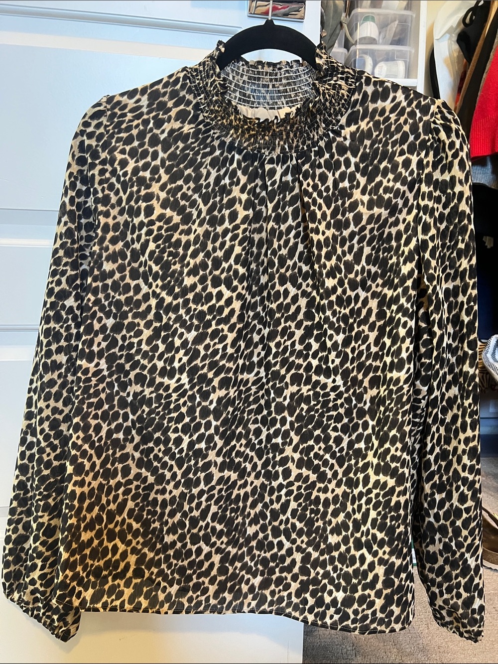 J. Crew Factory Black and Cream Leopard Smocked-Neck Blouse